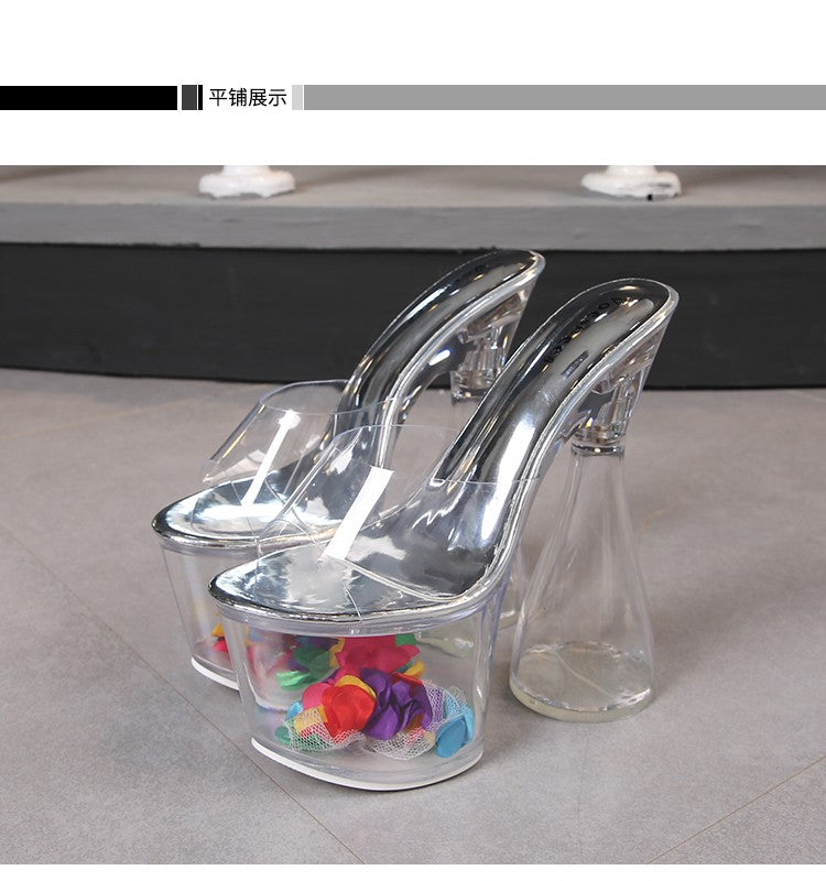 Women Slippers Fashion Female Model T Station Show Sexy Crystal Transparent Shoes 17.5CM High Heels Waterproof Platform Sandals