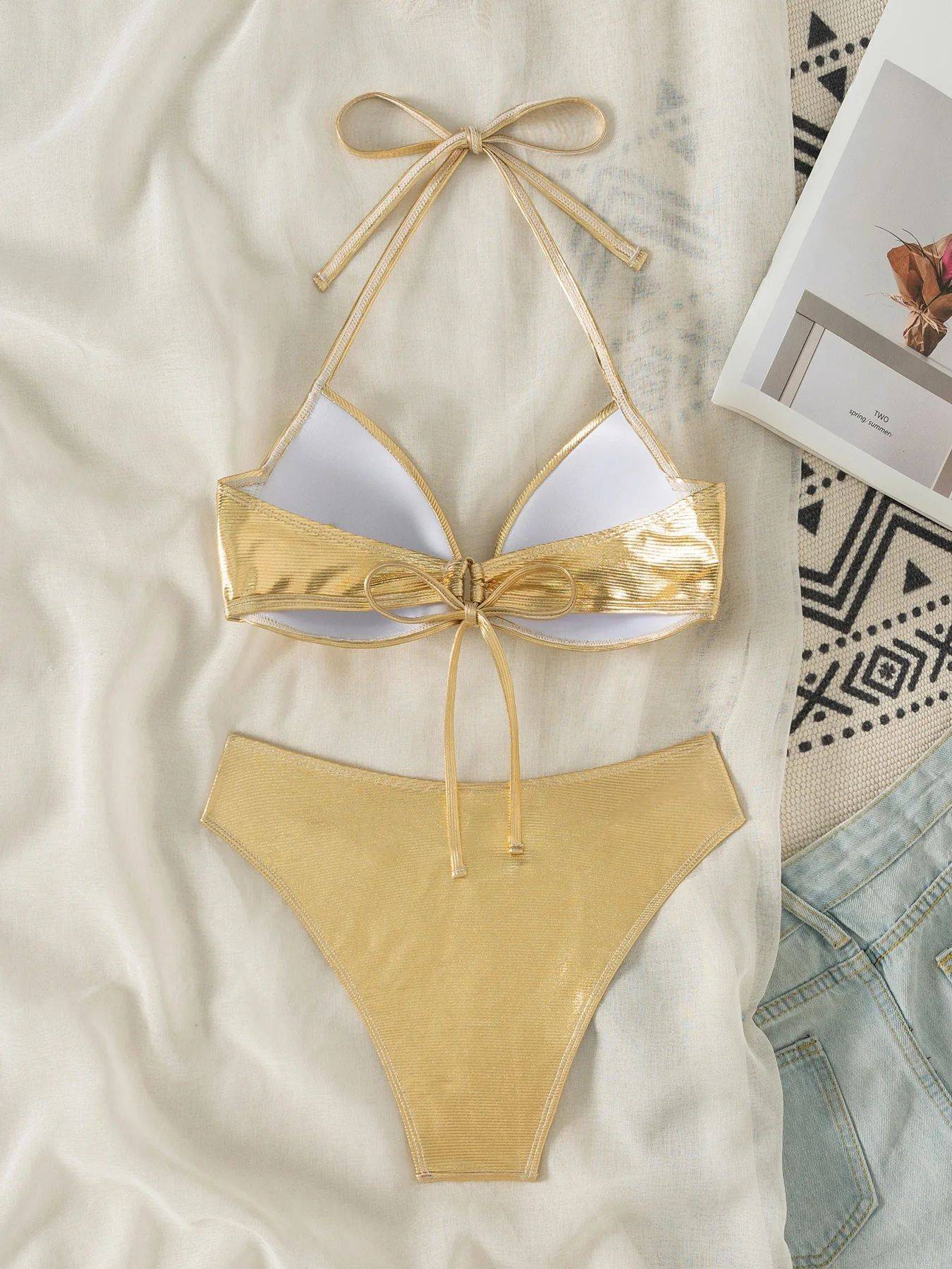 Shiny Gold Bikinis Sets Women Sexy Push Up Cross Bra High Waist Swimsuit 2025 Summer Bathing Suit Holiday Two Piece Swimwear