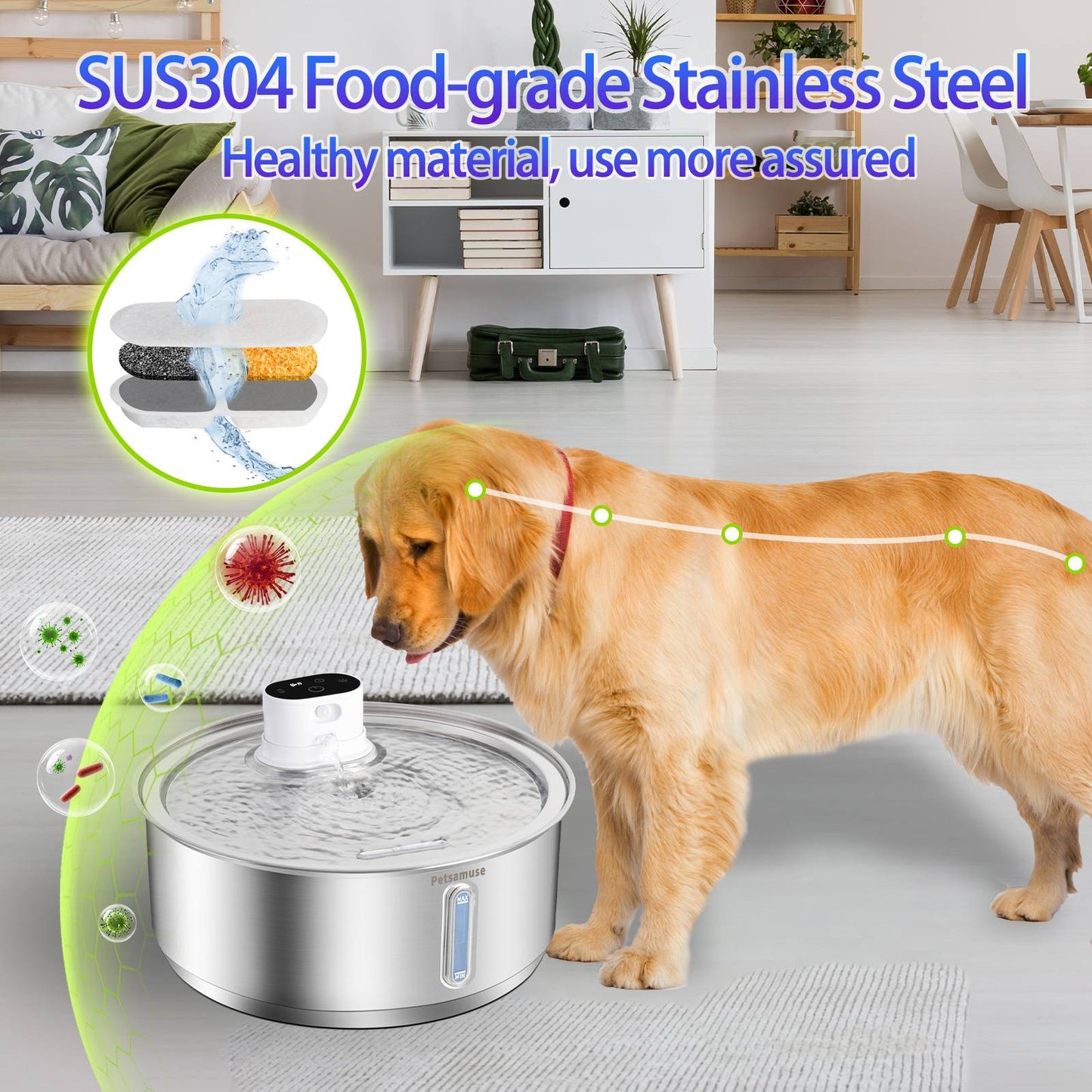 Bebedouro Automático Petavista 8L Aço Inoxidável para Cães 5000mAh Bebedouro Sem Fio para Pets Bateria e Sensor Dispensador 2 em 1 para Cães
