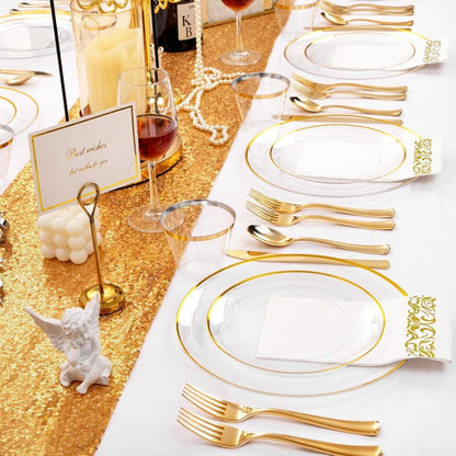 350PCS Clear and Gold Plastic Plates Gold Disposable Plastic Dinnerware Set for 50 Guests Include 100 Plastic Plates 150 Gold C