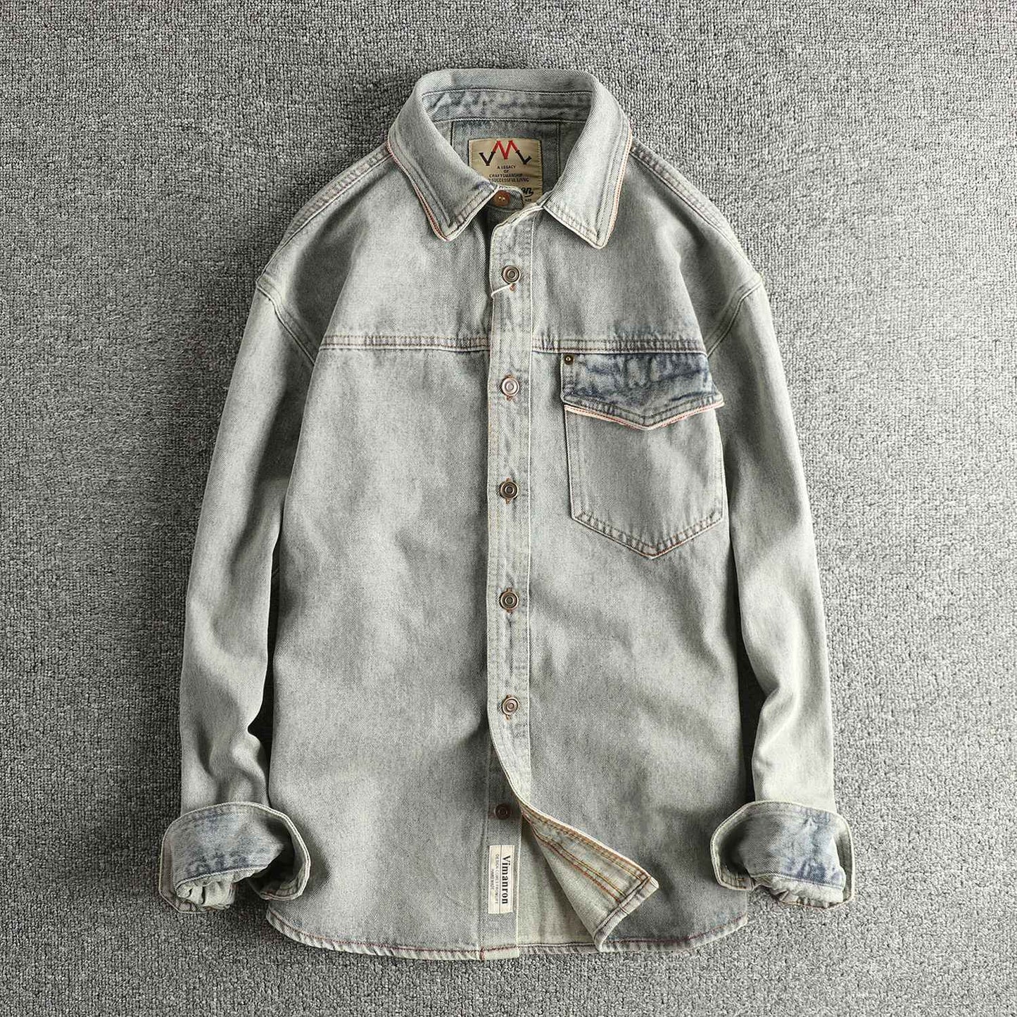 Autumn New American Retro Heavyweight Single Pocket Denim Cargo Shirt Men's Simple 100% Cotton Washed Casual Blouses Thin Jacket