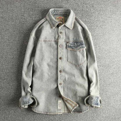 Autumn New American Retro Heavyweight Single Pocket Denim Cargo Shirt Men's Simple 100% Cotton Washed Casual Blouses Thin Jacket