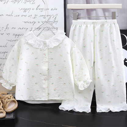 Kids Home Clothes 2Pcs Set Baby Loose Pajamas Fashion Girl Lace Floral Print Sleepwear Children Air Conditioner Long Sleeve Pant