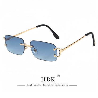 HBK Retro Rimless Sunglasses For Women Men Small Square Gold Frame Brand Design Tea Shades Rectangle UV400 Zonnebril Eyewear