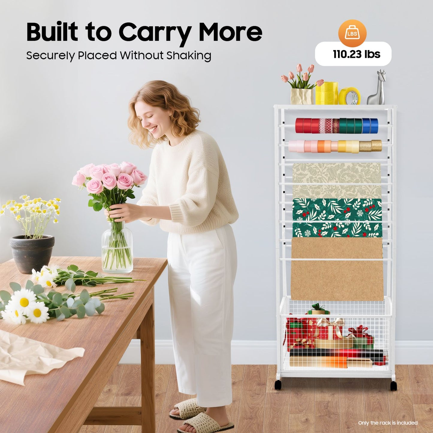 16 Tier Double-sided Ribbon Storage Rack, 67x32x150cm Baking Paint Iron Display Stand, Adjustable Crossbars Lockable Swivel Wheels Top Shelf Bottom Basket For Florist Wrapping Paper Organizing