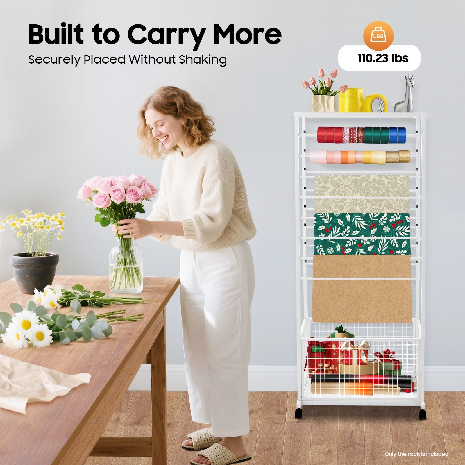 16 Tier Double-sided Ribbon Storage Rack, 67x32x150cm Baking Paint Iron Display Stand, Adjustable Crossbars Lockable Swivel Wheels Top Shelf Bottom Basket For Florist Wrapping Paper Organizing