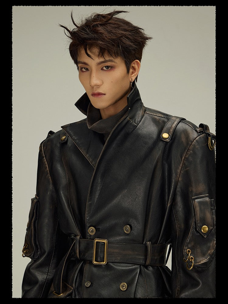 Mauroicardi Spring Autumn Long  Distressed Black Pu Leather Trench Coat Men Belt Double Breasted Luxury European Fashion 2023