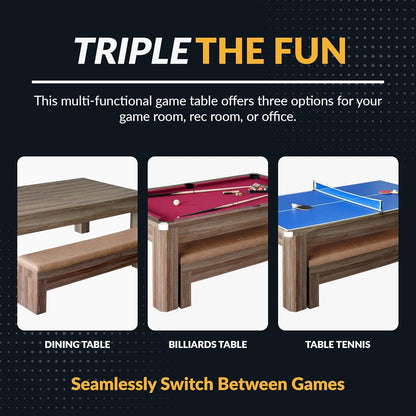 7 Foot Dining Pool Table Combo with Game Accessories 2 Benches Multifunctional Billiards Table with Ping Pong Dining Top Light