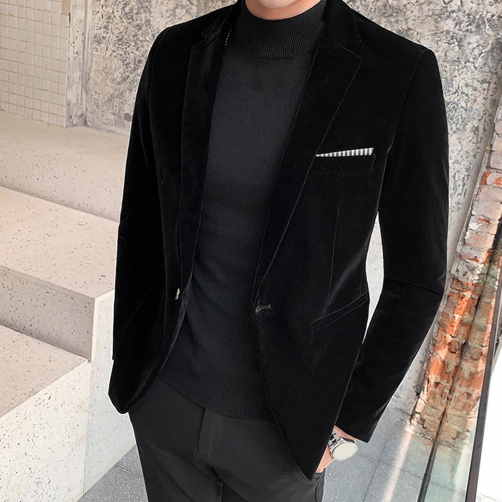 Spring Velvet Men Solid Color Temperament Suit Jacket Turndown Collar Long Sleeve Slim Fit Single Button Velvet Suit Coat