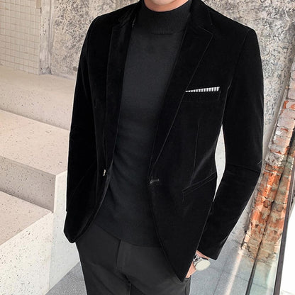 Spring Velvet Men Solid Color Temperament Suit Jacket Turndown Collar Long Sleeve Slim Fit Single Button Velvet Suit Coat
