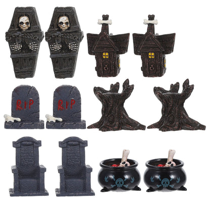 12pcs Mini Resin Figures Spooky Graveyard Decorations Miniature Tombstones Coffin Props For Indoor Outdoor Halloween Party