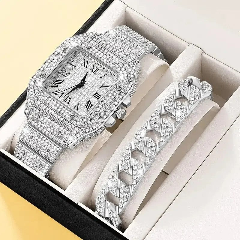 2pcs Luxury Fashion Men Women Watch Set Silver Strap Ladies Quartz Wristwatch Alloy Bracelet For Ladies Gift (without box)