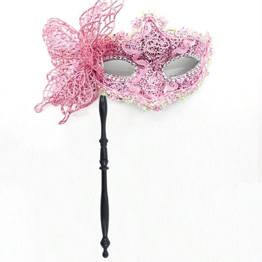 Womens Pink Lace Masquerade Mask With Handle For Party Halloween Valentine Celebration