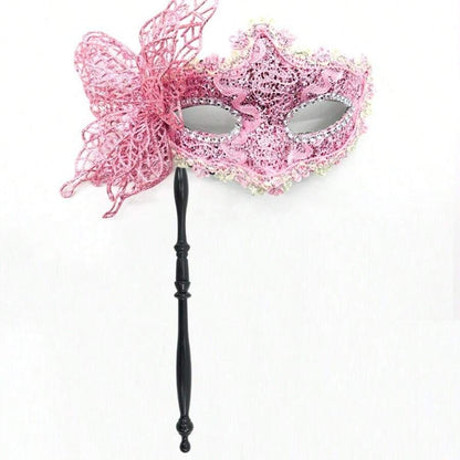 Womens Pink Lace Masquerade Mask With Handle For Party Halloween Valentine Celebration