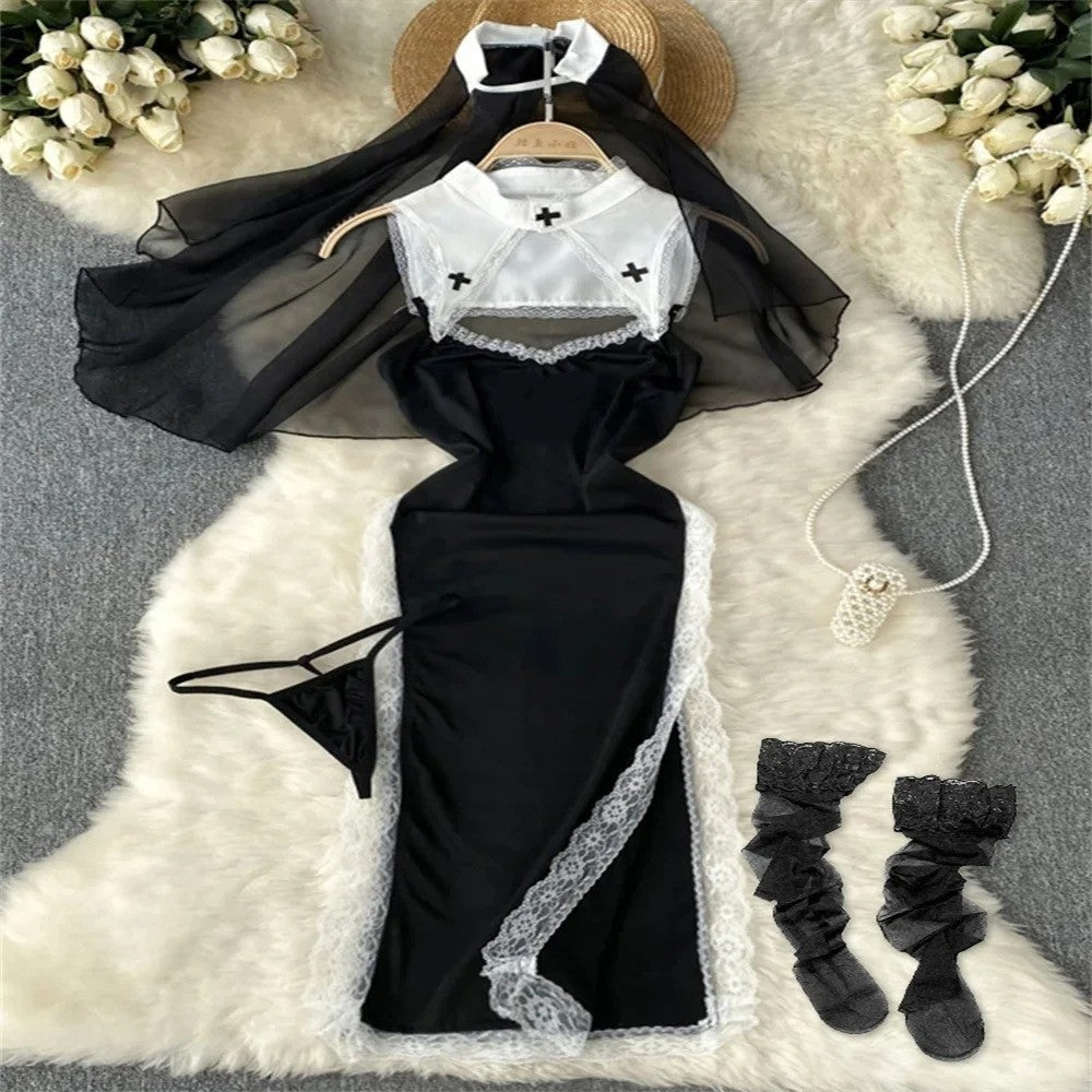 Bunny Complete Maid Cosplay Costume Set Ruffle Cosplay Vacation Halloween Outfit Halter Dress Set Outfit Costume Play Occasions
