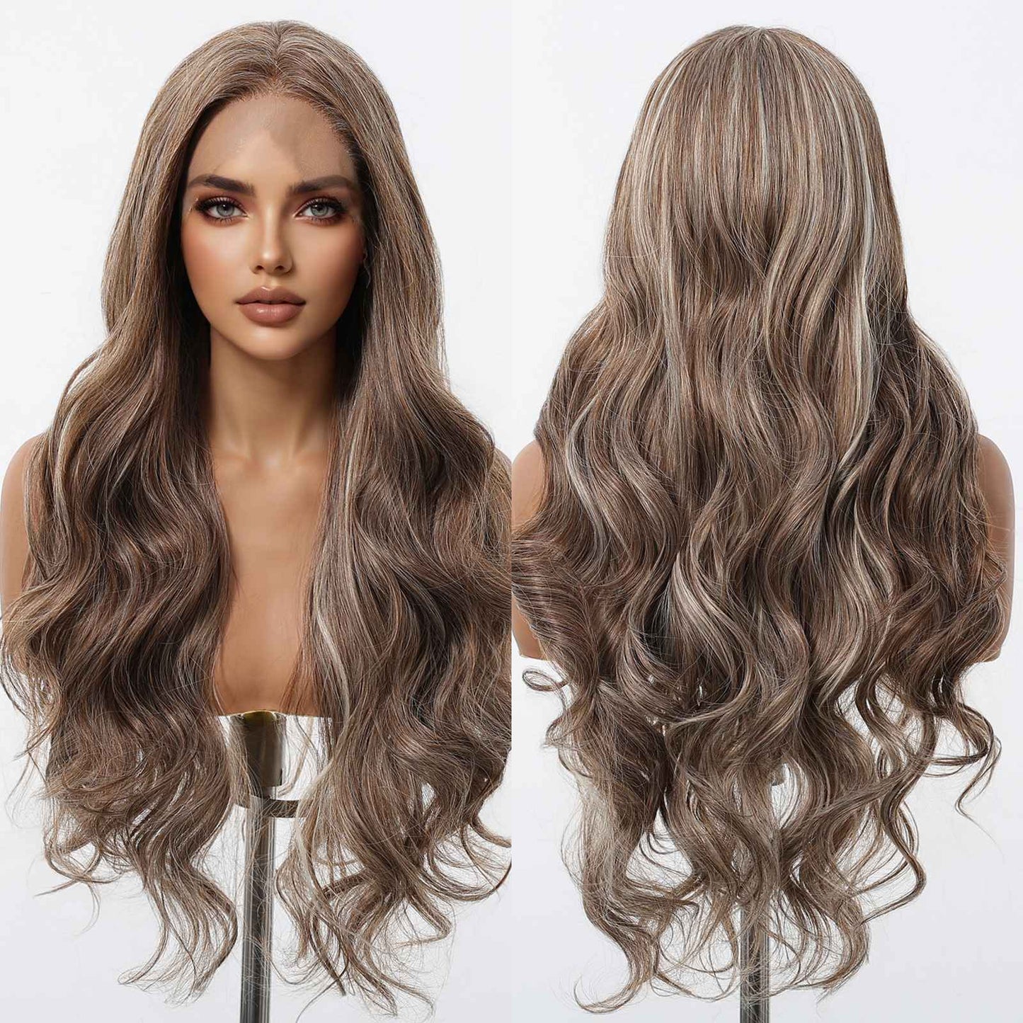 HENRY MARGU Peruca Frontal Lisa Ondulada Marrom Mista Longa Peruca Sintética Natural Ondulada 13x4 Frontal de Renda Cabelo Falso para Mulheres Raiz Escura