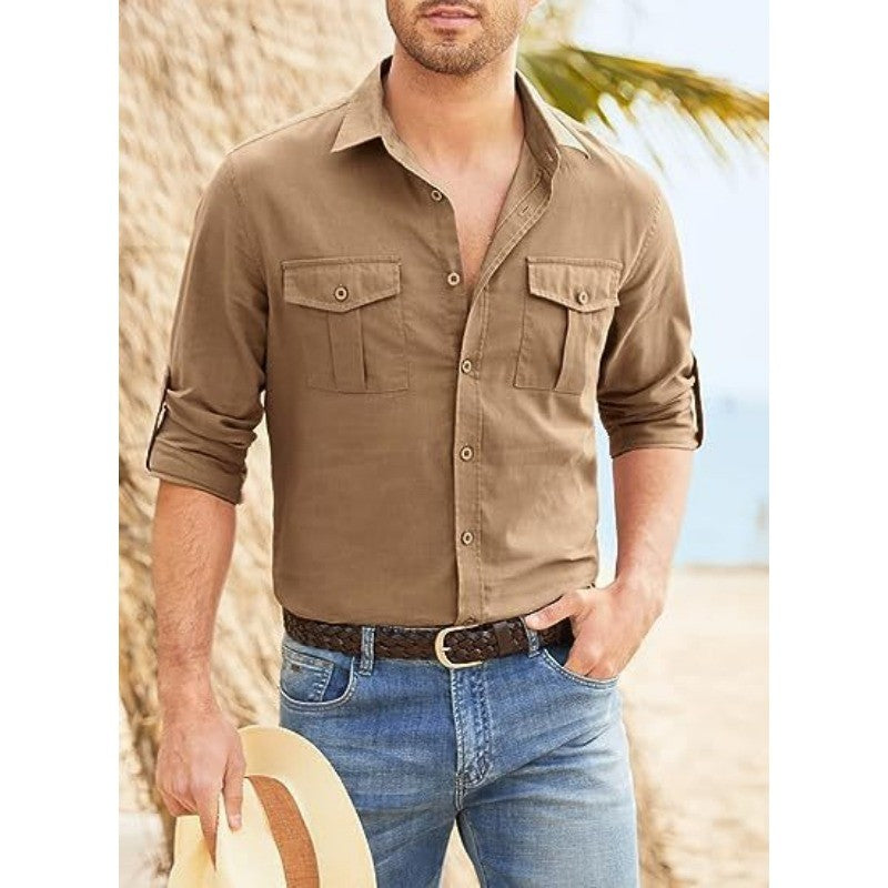 Business Men's Single-breasted Shirt Double Pocket Cotton Linen Long-sleeved Shirt Casual Vacation Shirt