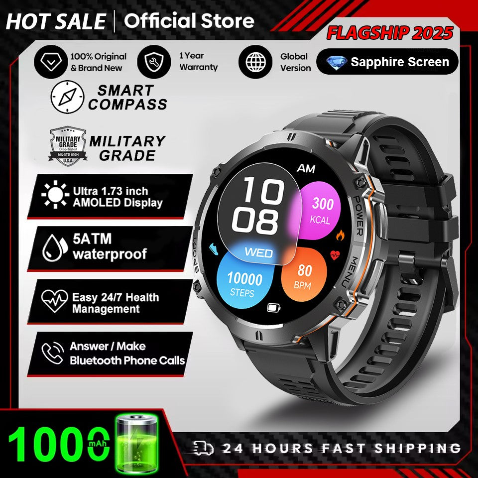 2026 Novo Smartwatch Esportivo Militar com GPS Atualizado Bateria de 1000mAh Tela AMOLED de 1,7 polegadas Bússola Altímetro Chamada Relógio Esportivo Impermeável 10ATM