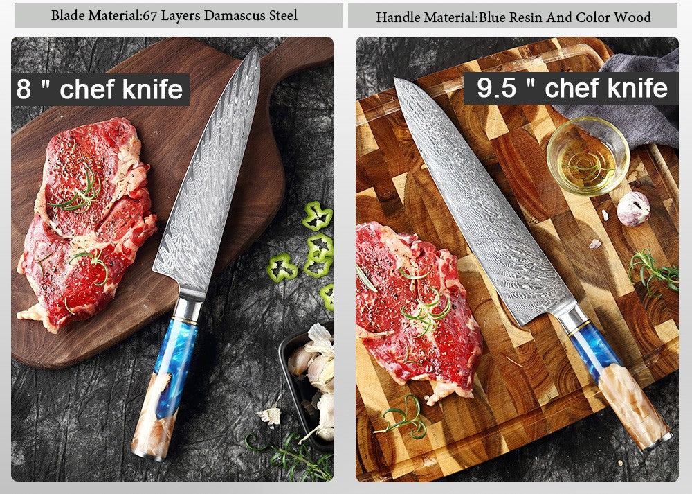 XITUO Kitchen Knives Set Damascus Steel VG10 Chef Knife Cleaver Paring Bread Knife Blue Resin Stabilised Wood Handle 1-7PCS set