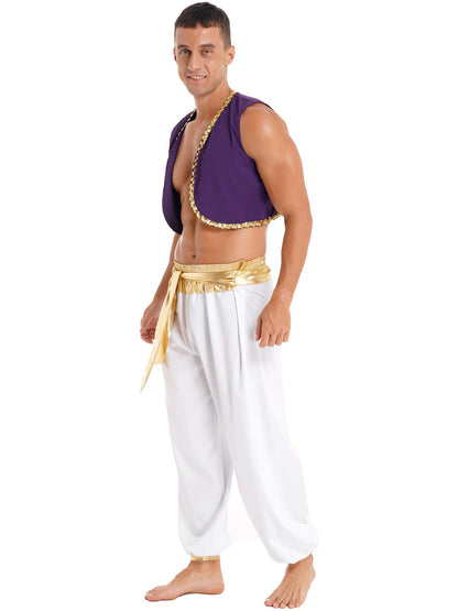 Aladin Costume Men Arabian Prince Cosplay Dress Up Waistcoat Top Harem Pants Suit Halloween Theme Party Carnival Stage Outfits