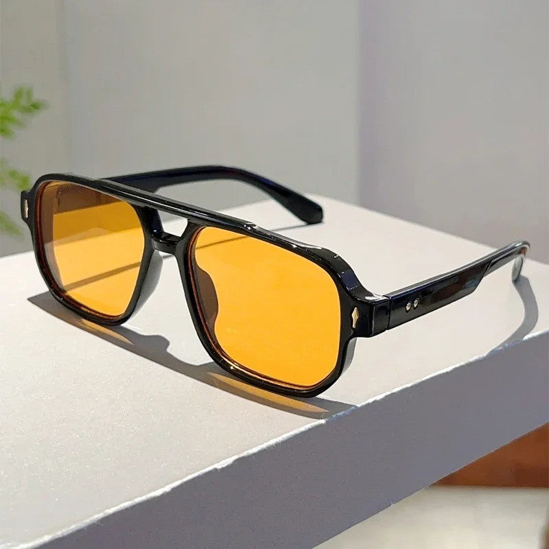Óculos de Sol Quadrados Masculinos Vintage com Dupla Ponte, Lentes Oceânicas Verdes Modernas UV400, Óculos Femininos com Rebites da Moda