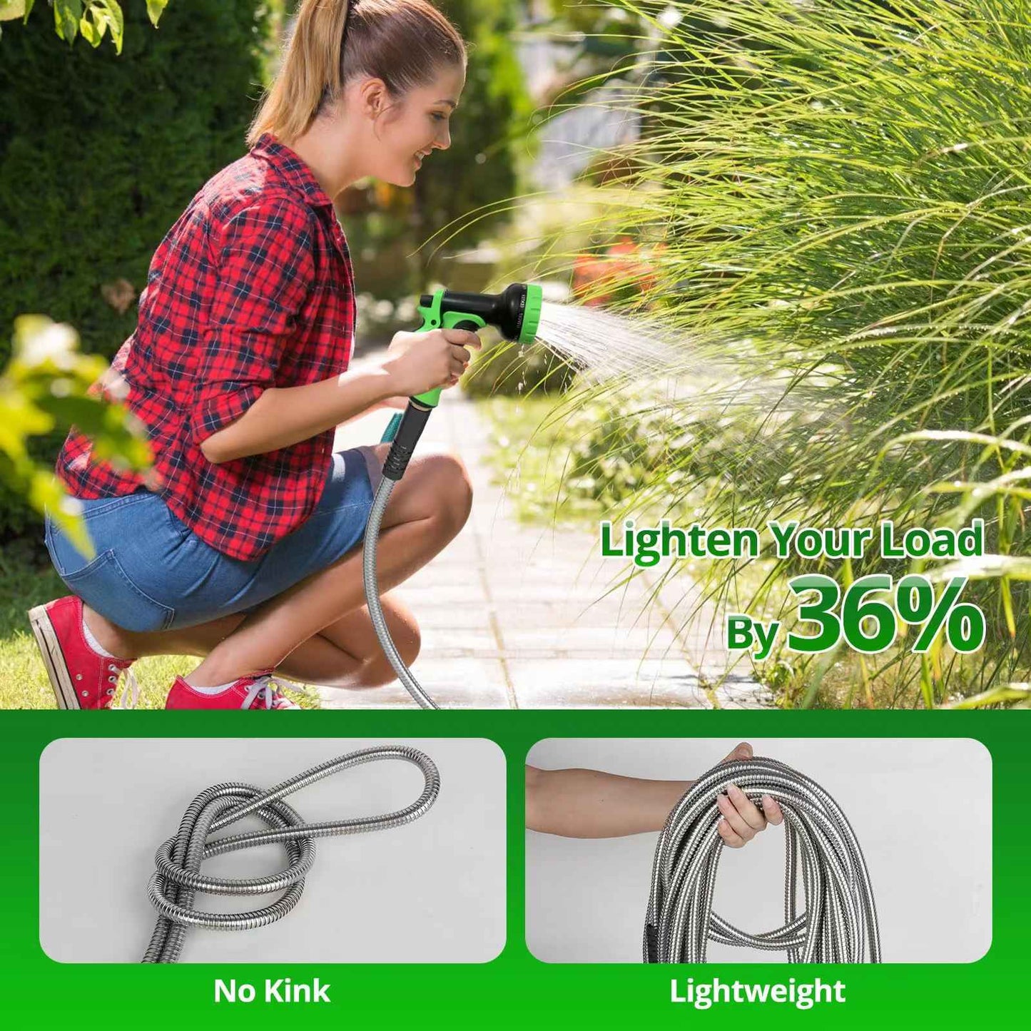 Mangueira de Jardim de Aço Inoxidável 304 de 30m, Mangueira de Água Pesada de Metal com Bicos para Quintal e Área Externa, Flexível, Nunca Enrosca e Não Dobra