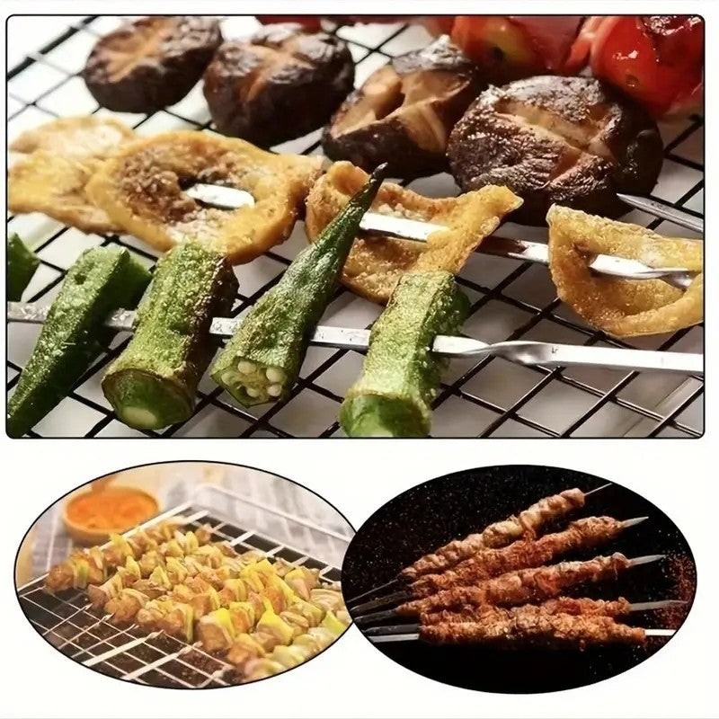 Stainless Steel Barbecue Skewer 6Pcs Wide BBQ Sticks Flat BBQ Fork Outdoor Camping Picnic BBQ Utensil Kitchen Accessories