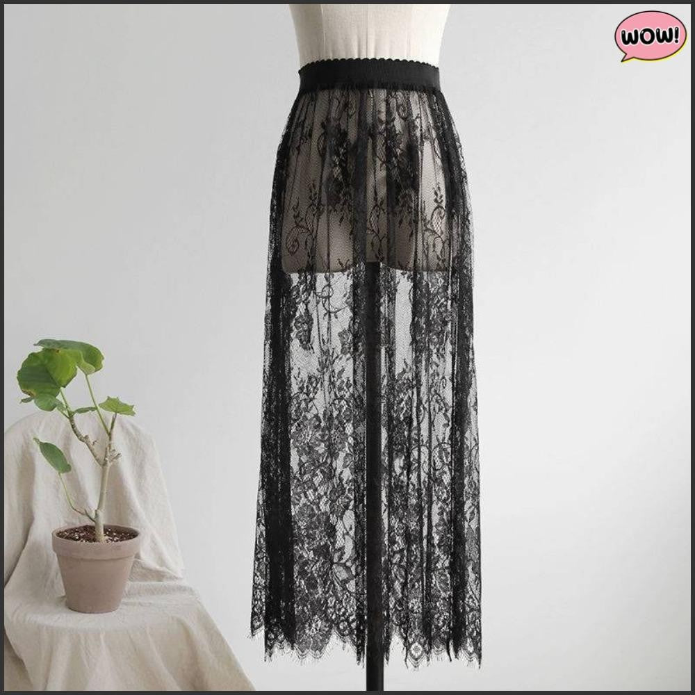 Fashion Transparent Sexy Lace Mesh Skirt Elegant 2 Length Midi Skirt Elastic High Waist Ladies Womens Skirt Ladies