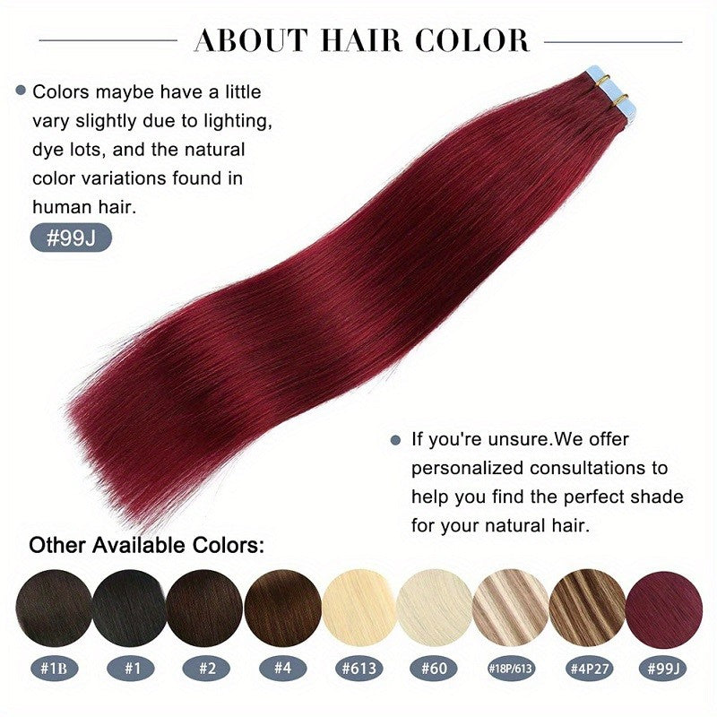 Extensões de Cabelo Borgonha com Fita Adesiva, Cabelo Humano Real, Extensões Vermelhas #99j Preto para Prata Liso para Mulheres