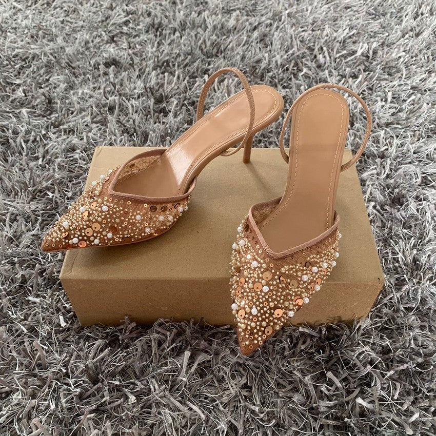 Fashion High Heeled Formal Party Shoes for Lady Luxury Sequin Pearl Stiletto Elengat Mesh Slingbacks Women Modern Sandals