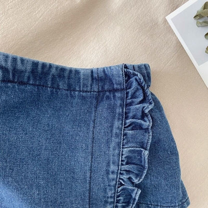 Girls Children Outfit Sets Summer Kids Clothes Lace Edge Pure White Baby Girl Casual White Hollow Vest Top Suspender+Denim Skirt