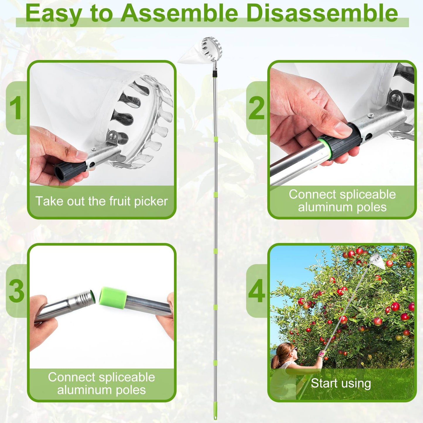 3.2M Fruit Picker Tool Metal Gardening Orchard Picking Tool with Storage Bag Fruit Catcher for Cherry Berry Orange Lemon Pear