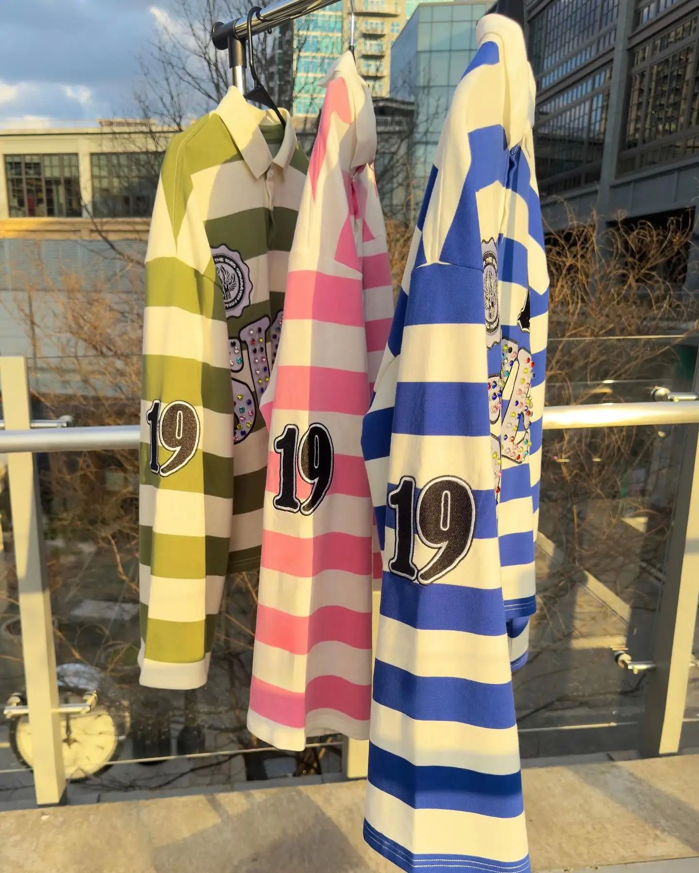 New Sume Gem Stone Embroidery Rugbys Long Sleeved T-shirt Men Women Harajuku Hip Hop Stripe Polo Shirt Classics Lapel Neck Shirt