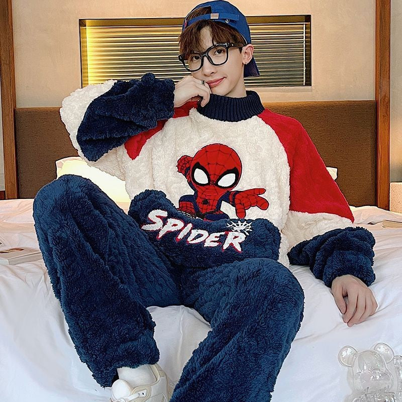 Conjunto de Pijama Masculino Homewear Marvel Homem-Aranha Anime Novo Bonito Desenho Animado Criativo Padrão Simples Moda Flanela Macia Engrossada Quente