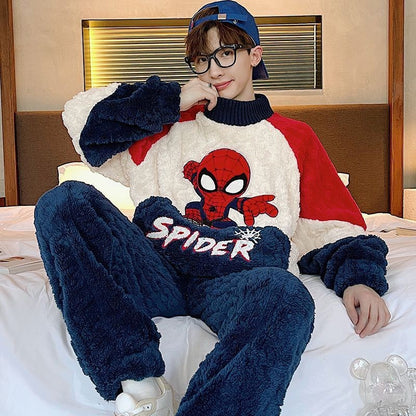Conjunto de Pijama Masculino Homewear Marvel Homem-Aranha Anime Novo Bonito Desenho Animado Criativo Padrão Simples Moda Flanela Macia Engrossada Quente