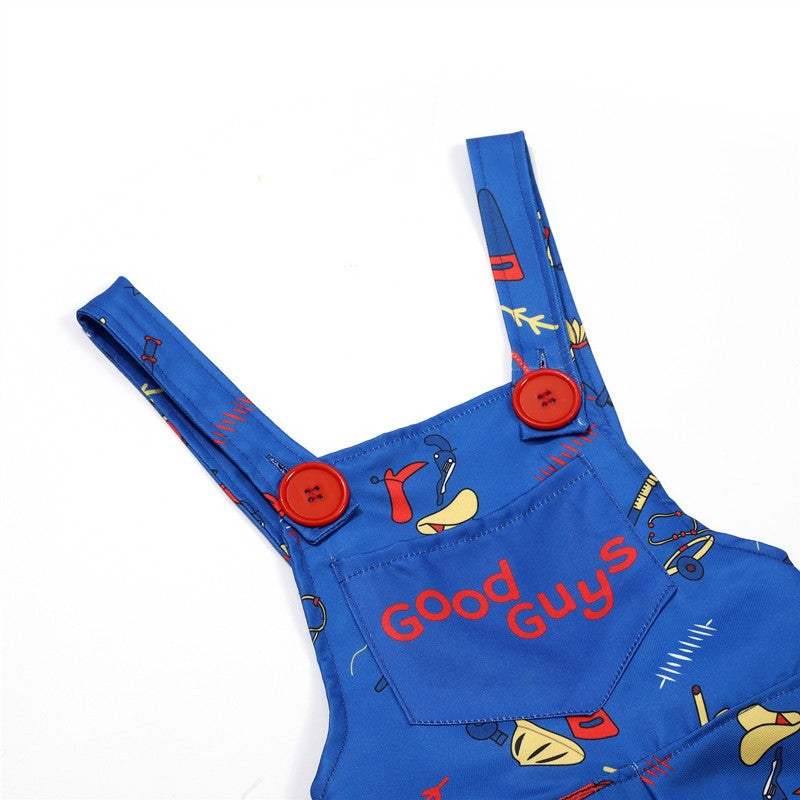 Unisex Chucky Scary Halloween Role Play Costume with Printed Alphabet Bib Pants Gift Scar Sticker Gift Holiday Party Dress Up