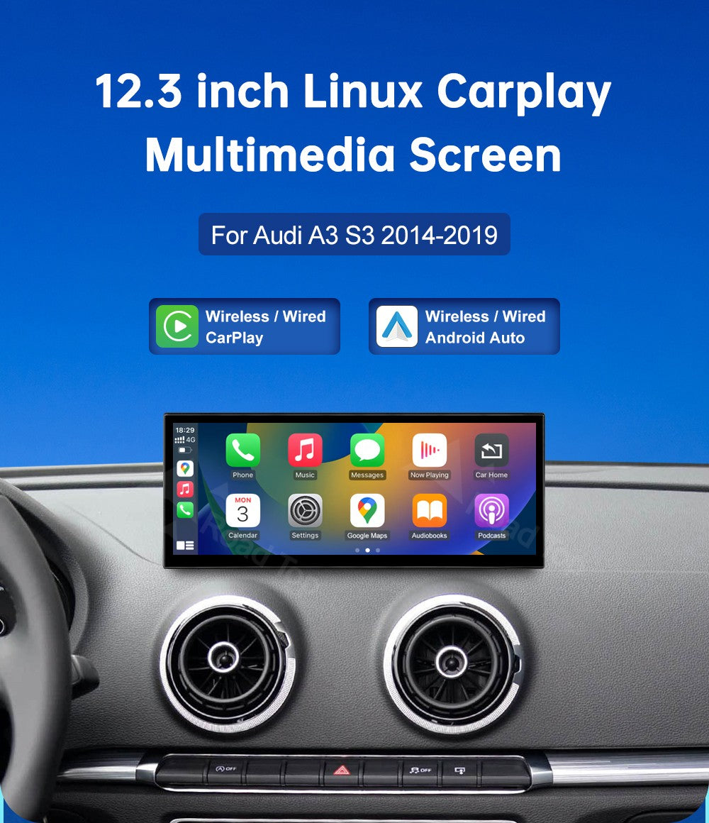 12.3'' Touch Display For Audi A3 S3 2014-2019 Road Top 12.3 Inch Multimedia Player Andriod Auto Link GPS Carplay Screen Car Play