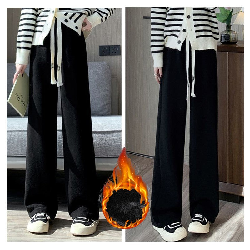 Winter Lady High Waisted Fleece Pants Girls Warm Thermal Straight Leg Trousers Female Classic Solid Drawstring Pants