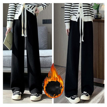 Winter Lady High Waisted Fleece Pants Girls Warm Thermal Straight Leg Trousers Female Classic Solid Drawstring Pants