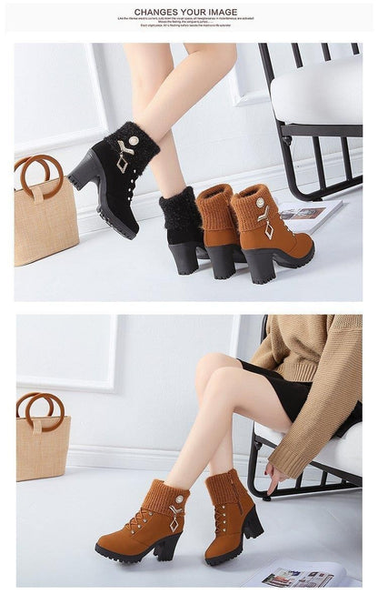 Women's Designer High Heels Shoes 2023 Winter New Warm Non-slip Block Cow Suede Warm Snow Boots Fashion Crystal Plush Goth Botas