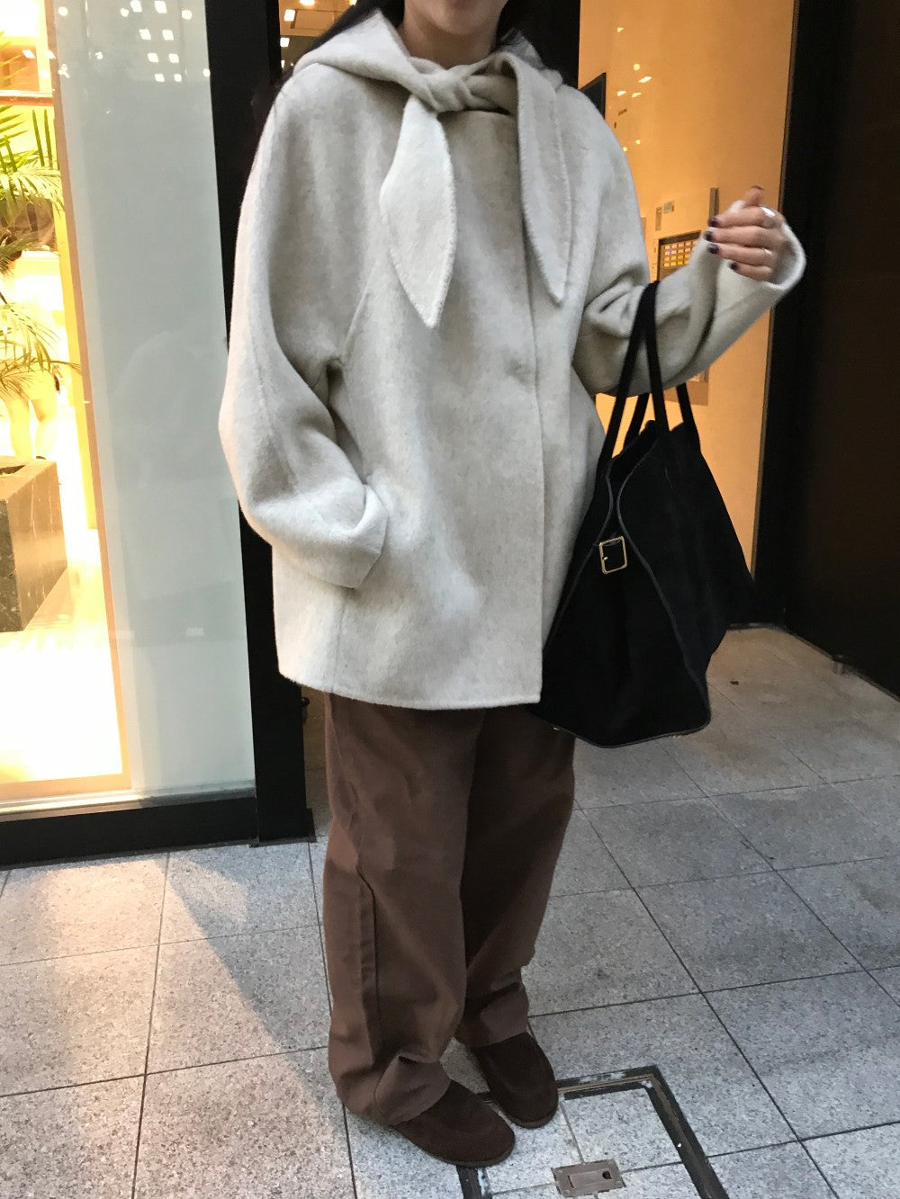 Korean Sle Woolen Coat Women's Chic Temperament Sweet Bow Tie Collar Hooded Warm Woolen Coat Long Sve Mid-Length