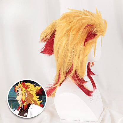 Demon Slayer Rengoku Kyoujurou Peruca Cosplay Amarelo Vermelho Sintética Curta Cacheada Peruca Anime Coser Alta Qualidade Peruca Festa Diária