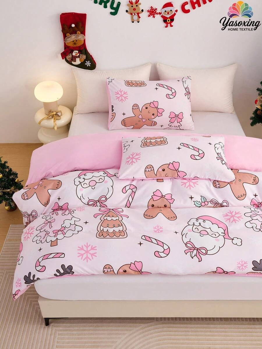 2/3pcs Pink Christmas Snowflake Gift Gingerbread Man Pattern Reversible Color Duvet Cover Bedding Set, Soft Breatheable