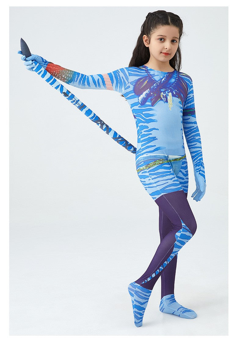 Girls Avatar 2 Neytiri Costume Tail Suit Boys Jake Sully Cosplay Zentai Bodysuit Jumpsuit Kids Halloween Birthday Party Costume