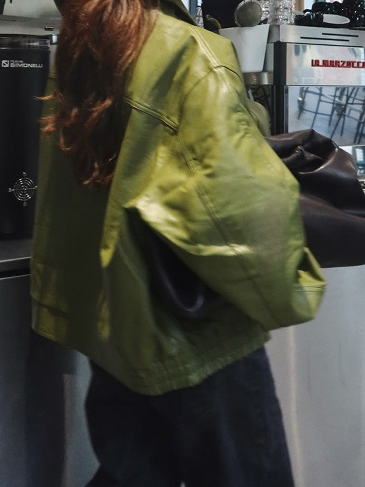 Olive Green Leather Jacket Coat Silhouette Vintage High Street Trend Zipper Lapel Short Overcoat Loose Casual Top Outwear Autumn