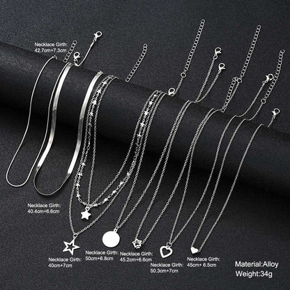 9 Peças Colares Simples Tipo Choker para Mulheres Moda Coração Amor Estrela Pingente Colar Camadas Joias Presente Europeu e Americano 2024