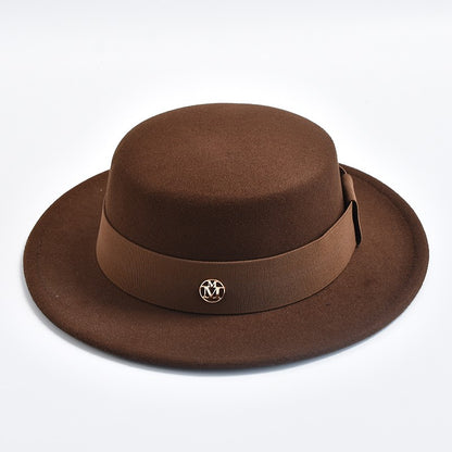 British Style Fedora Hats for Women Fashion Autumn Winter Flat Top Bow Elastic Ribbon Felt Hats Wedding Dress Jazz Cap