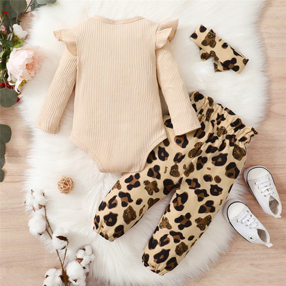 3PCS Newborn Baby Girl Clothes Set Long Sleeved Top+Leopard Pants+Headband Infant Spring Outfits for Toddler Girl 0-18 Months