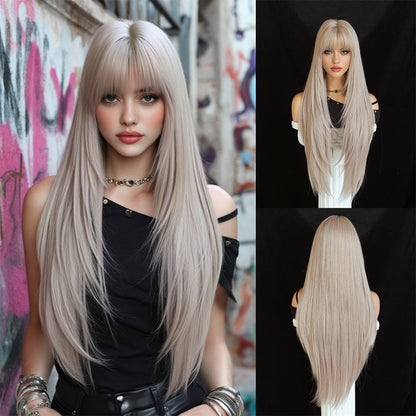 Peruca feminina dourada e branca, moderna com cabelo liso ultralongo, peruca preta completa, com franja e cobertura total da cabeça,
