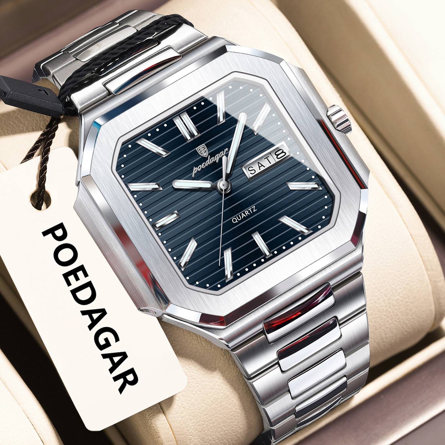 POEDAGAR Square Fashion Man Wristwatch Waterproof Luminous Date Week Quartz Men's Watches Stainless Steel Luxury Men Watch Reloj